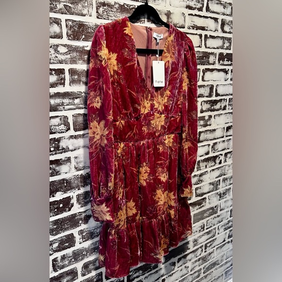 Fate Mauve Floral Burnout Velvet Ruffle Mini Dress Size Small - Picture 3 of 9